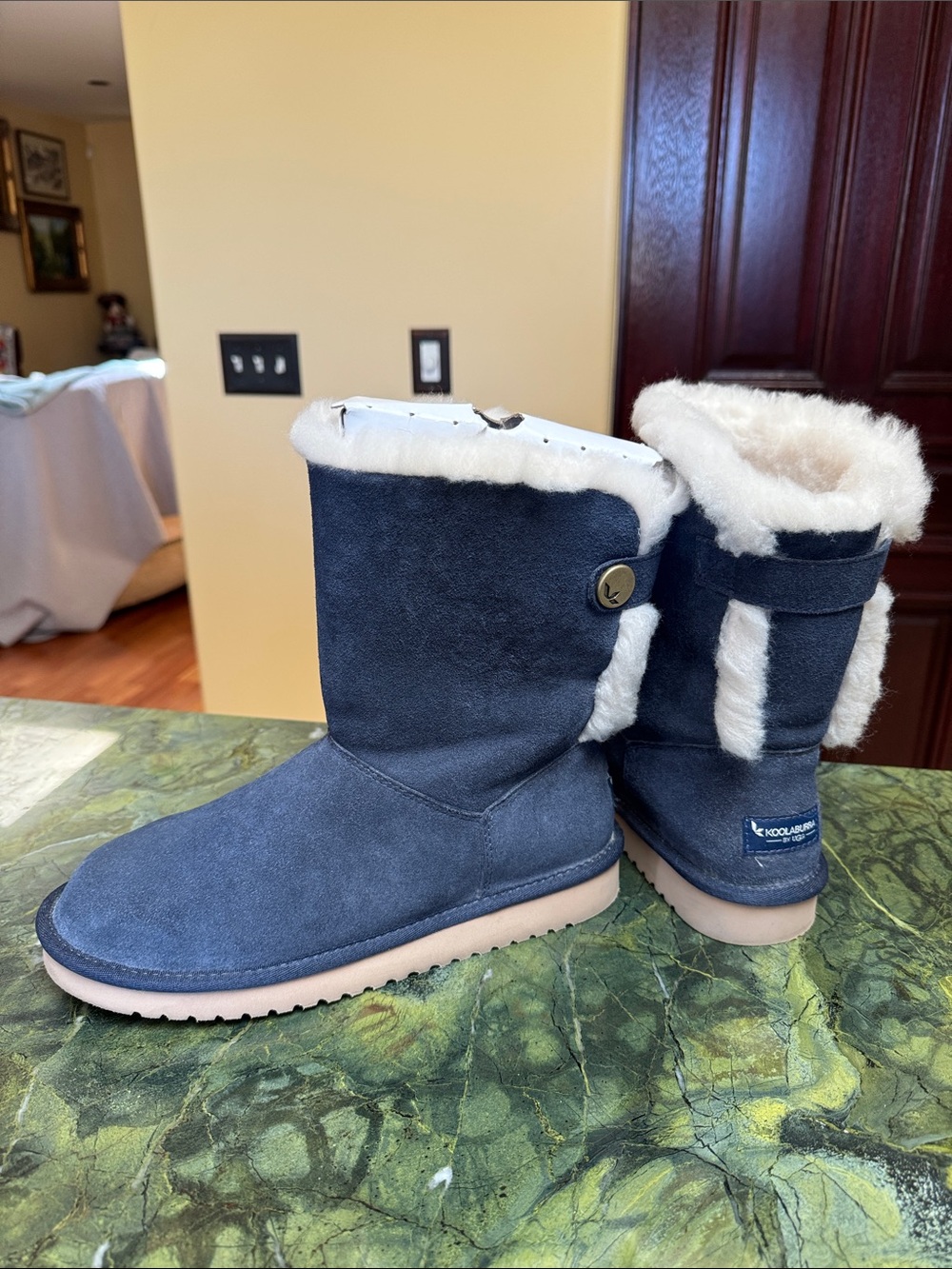 Koolaburra by UGG women's Jordina Short Boot blue suede with faux fur lining.